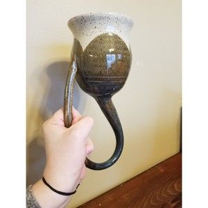 Handmade Ceramic Pottery Drinking Beer Horn Mug Signed Glazed